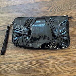 Chateau Shiny Black Croc-Pattern Wristlet Clutch